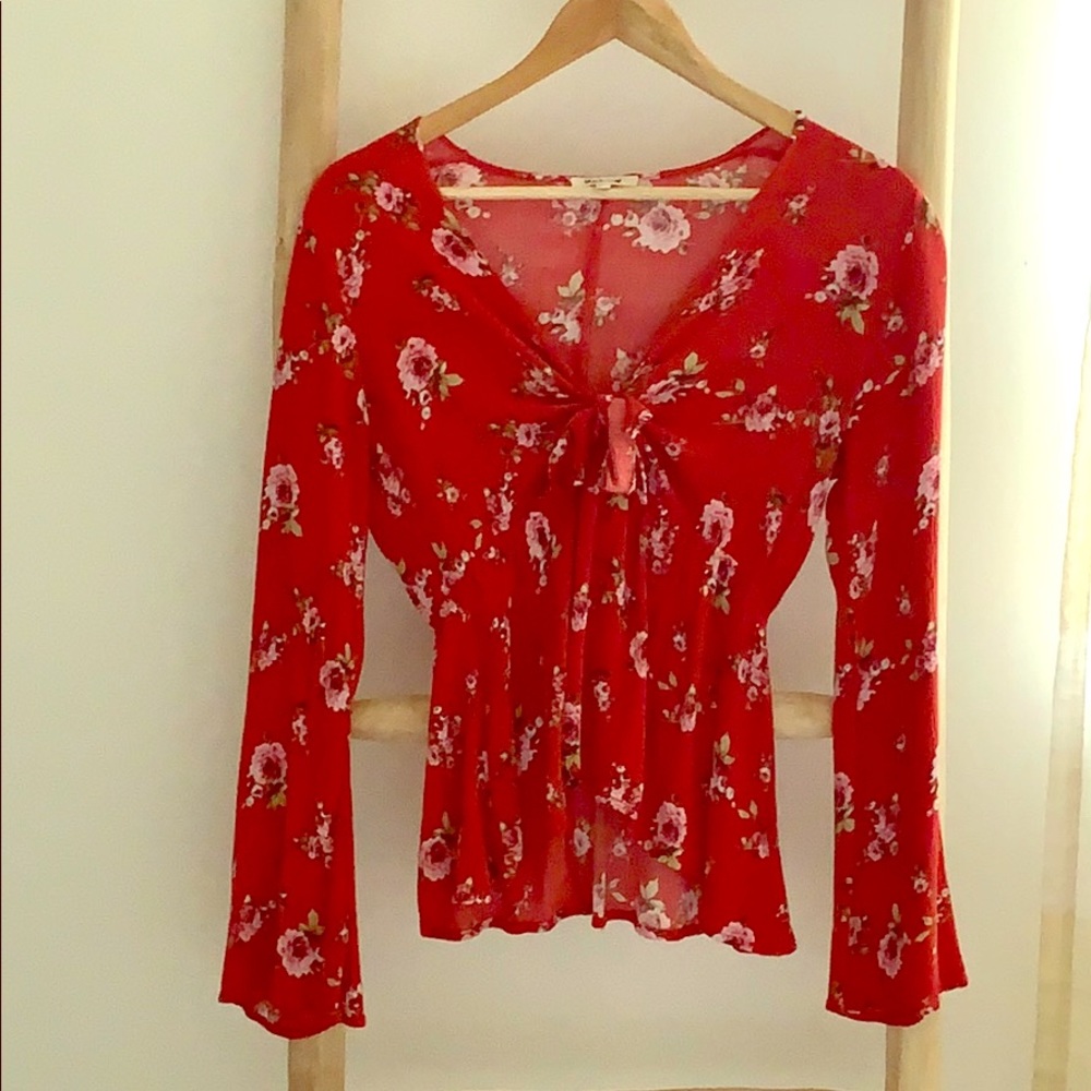 Rose print bell sleeve top
